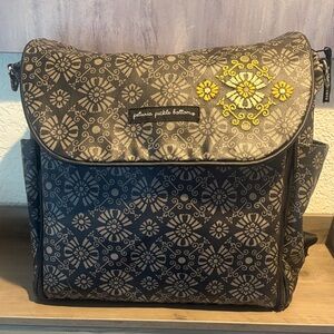 Petunia Pickle Bottom Floral Gray and Yellow Boxy backpack diaper bag